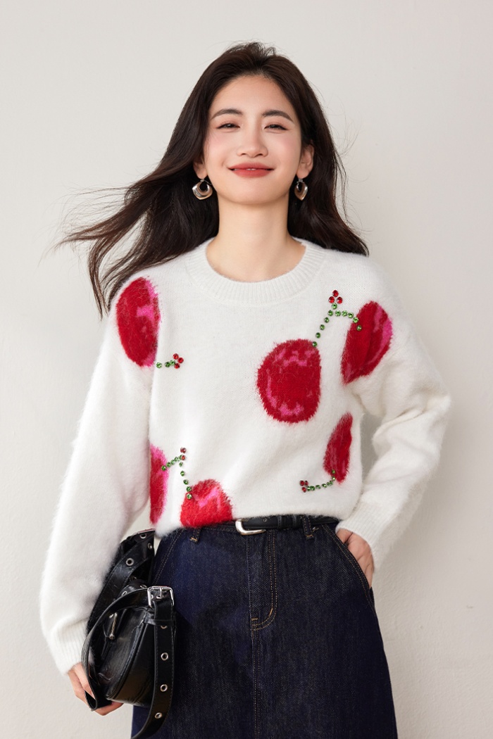 Small fellow lazy rhinestone thick white sweater