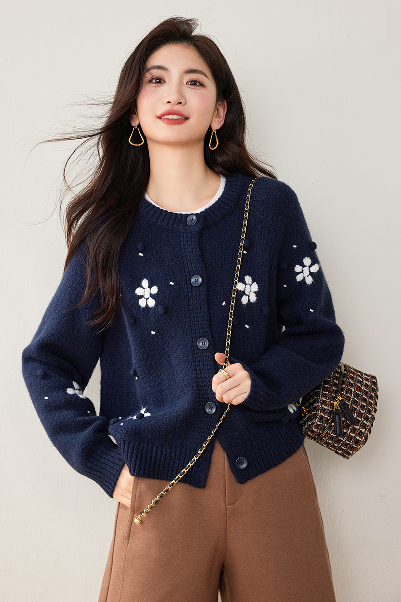 Embroidery round neck coat autumn hairball sweater for women