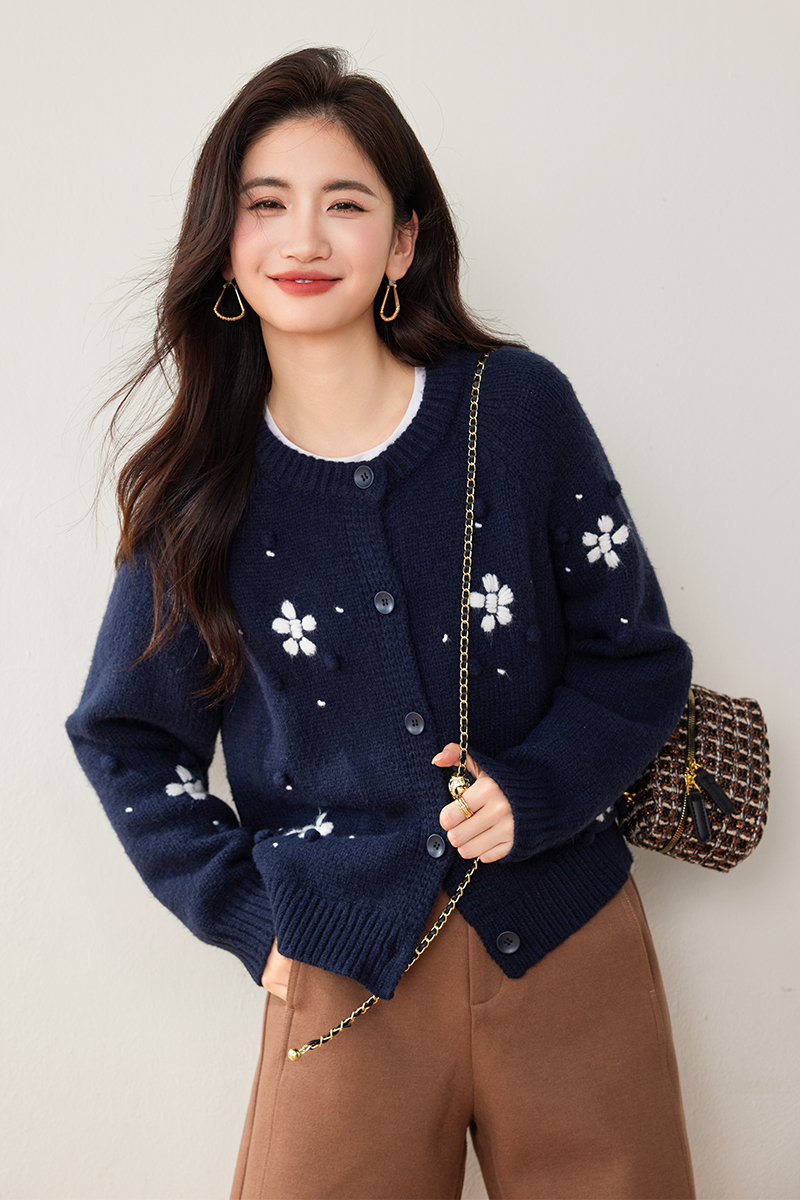 Embroidery round neck coat autumn hairball sweater for women