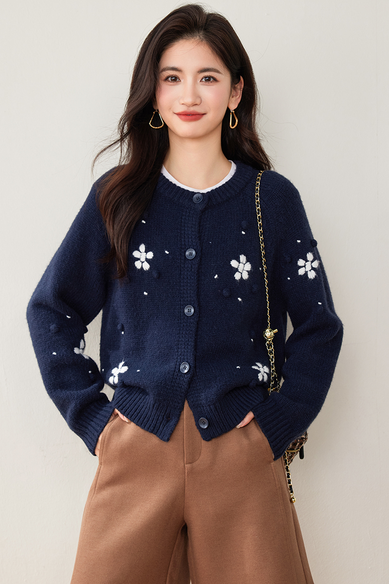 Embroidery round neck coat autumn hairball sweater for women