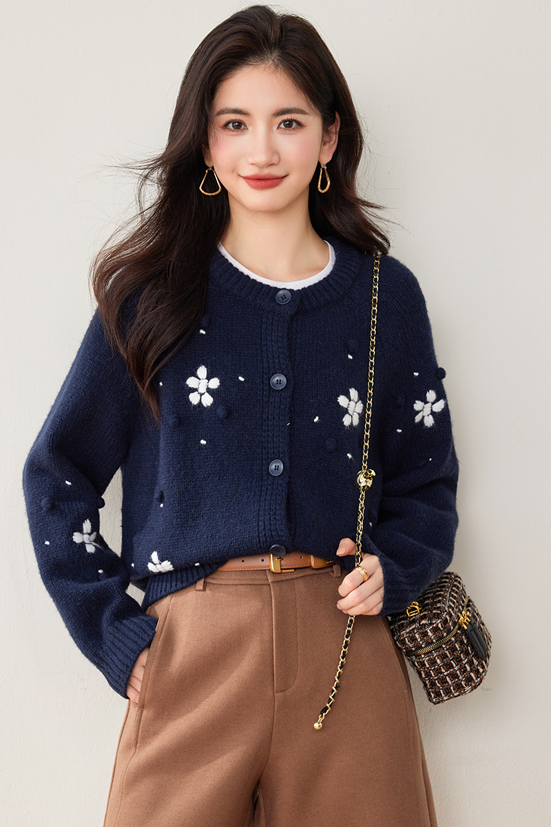 Embroidery round neck coat autumn hairball sweater for women