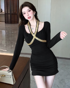 Autumn and winter halter rhinestone dress for women