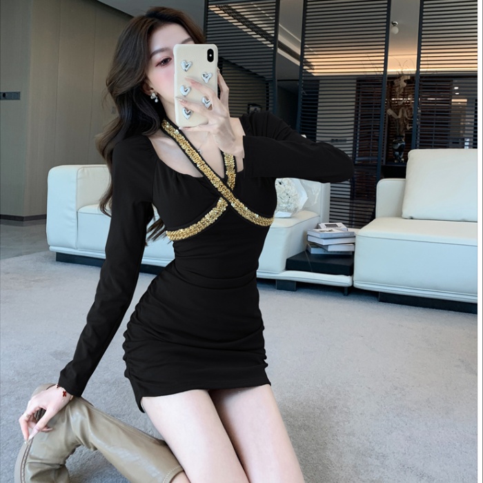 Autumn and winter halter rhinestone dress for women