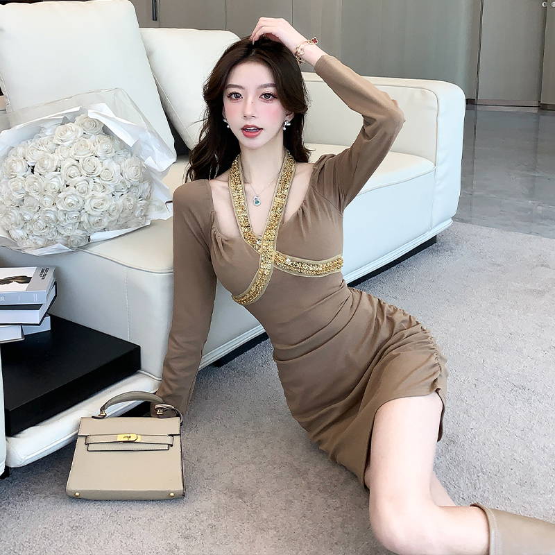 Autumn and winter halter rhinestone dress for women