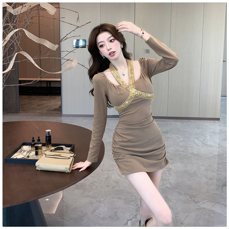 Autumn and winter halter rhinestone dress for women