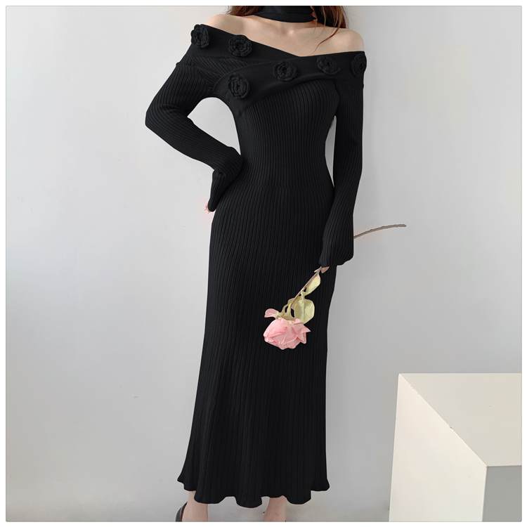 Inside the ride flat shoulder dress slim pink long dress