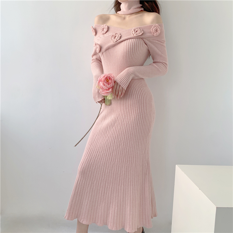 Inside the ride flat shoulder dress slim pink long dress