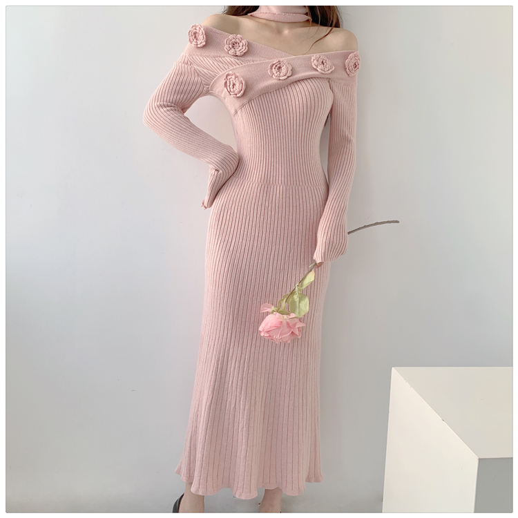 Inside the ride flat shoulder dress slim pink long dress