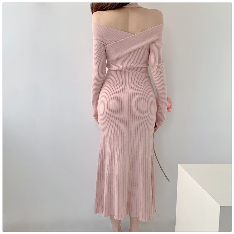 Inside the ride flat shoulder dress slim pink long dress