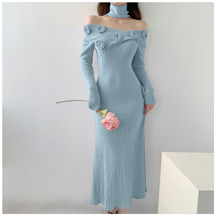 Inside the ride flat shoulder dress slim pink long dress