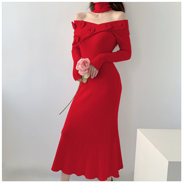 Inside the ride flat shoulder dress slim pink long dress