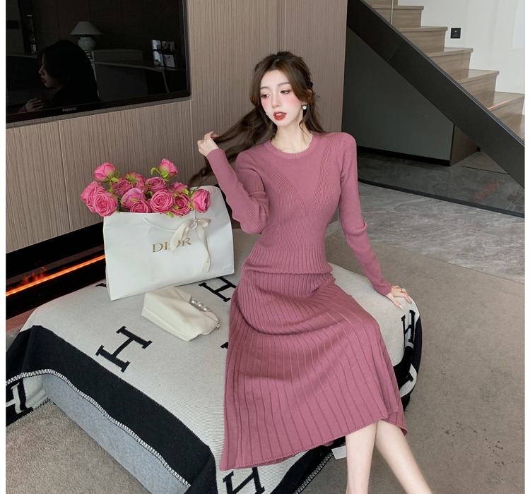 Knitted A-line dress long bottoming sweater dress for women