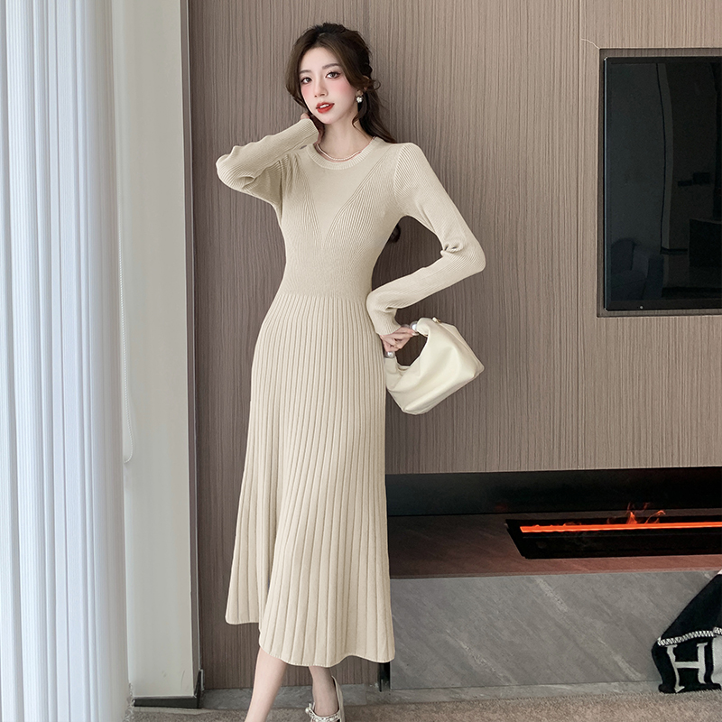 Knitted A-line dress long bottoming sweater dress for women