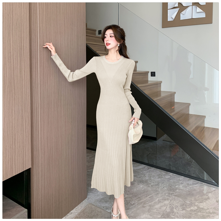 Knitted A-line dress long bottoming sweater dress for women