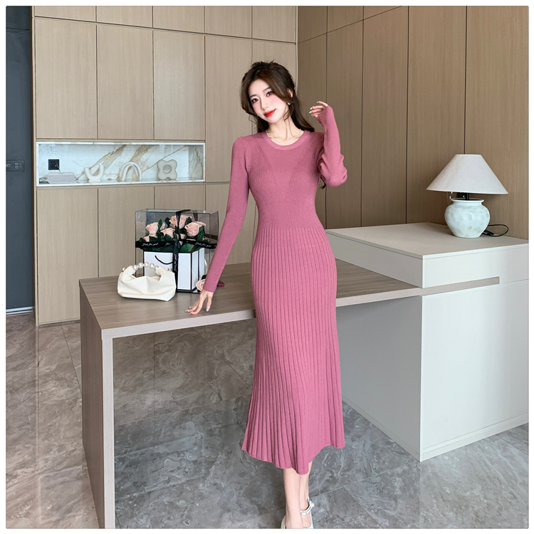 Knitted A-line dress long bottoming sweater dress for women