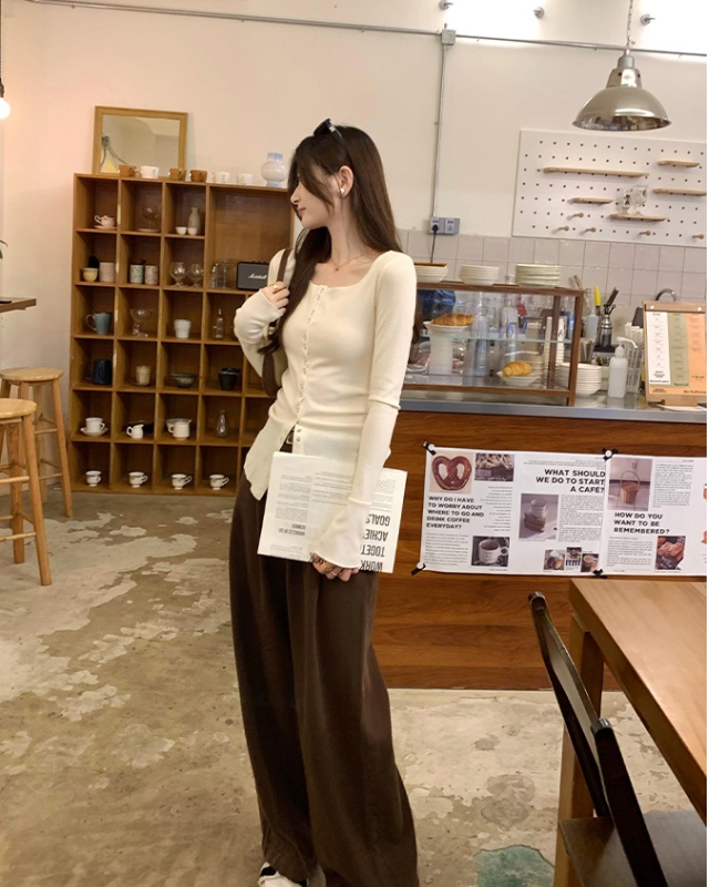 Slim long sleeve T-shirt sloping shoulder cardigan for women