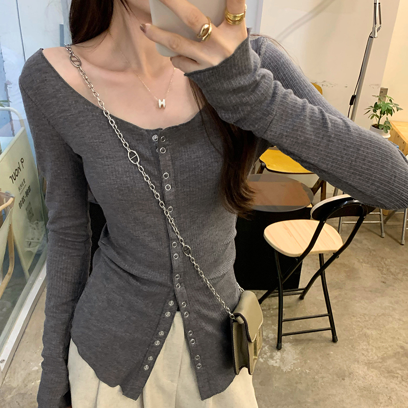 Slim long sleeve T-shirt sloping shoulder cardigan for women