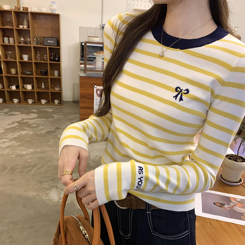 Autumn and winter unique tops embroidery stripe sweater