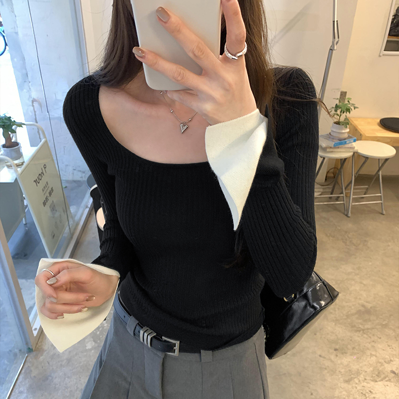 Black mixed colors sweater Korean style tops for women