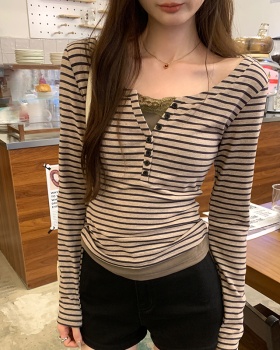 Unique stripe bottoming shirt lace tops for women