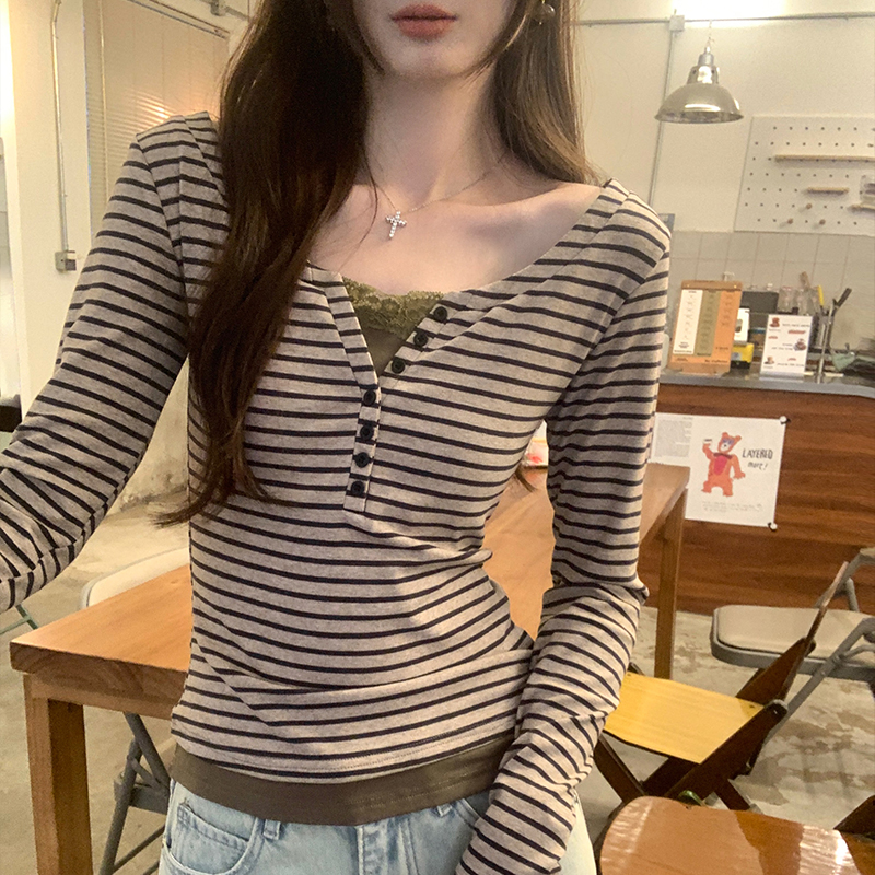 Unique stripe bottoming shirt lace tops for women