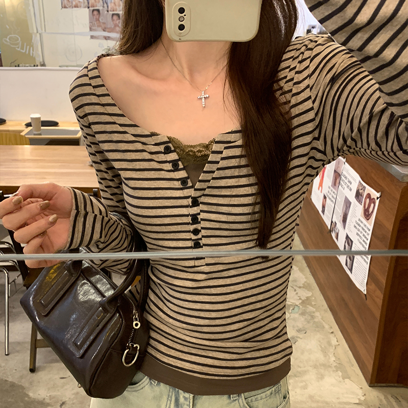 Unique stripe bottoming shirt lace tops for women