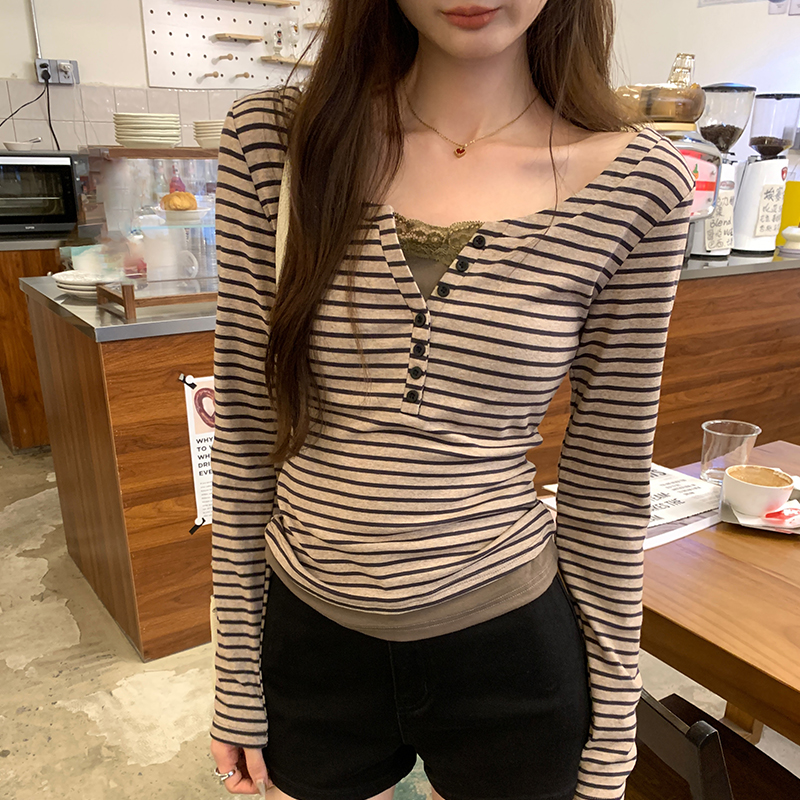 Unique stripe bottoming shirt lace tops for women