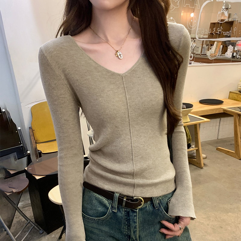 Autumn and winter wool sweater V-neck tops for women