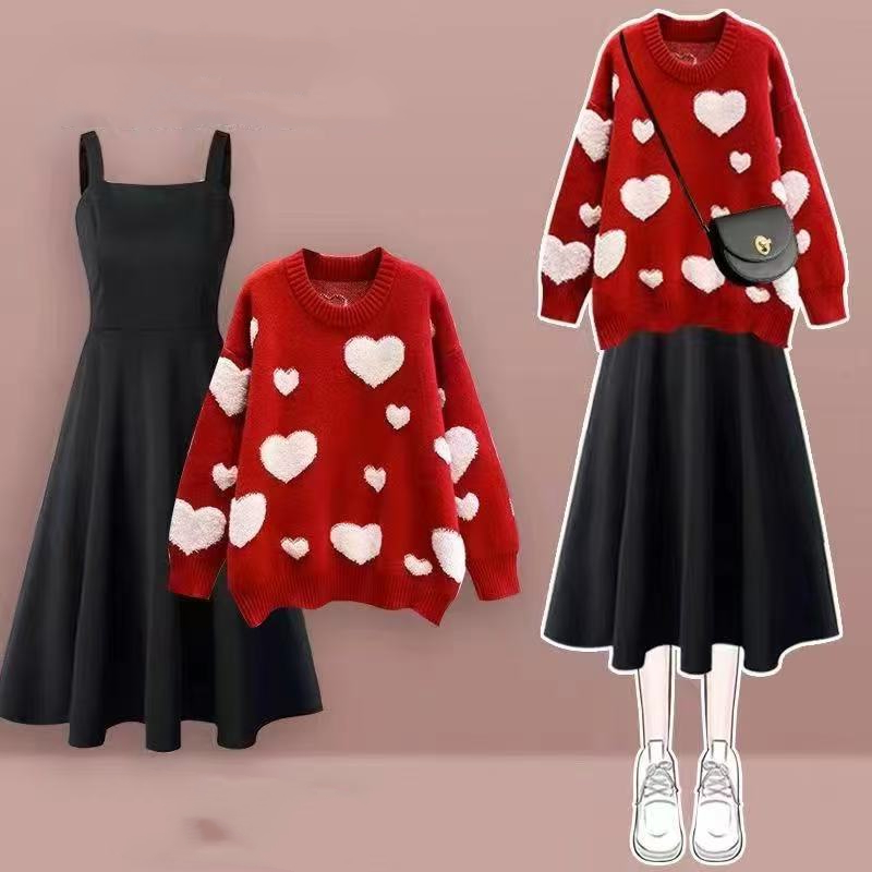 Autumn and winter red bottoming shirt heart tops