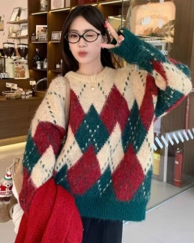 Loose quilted long sleeve mixed colors lazy sweater