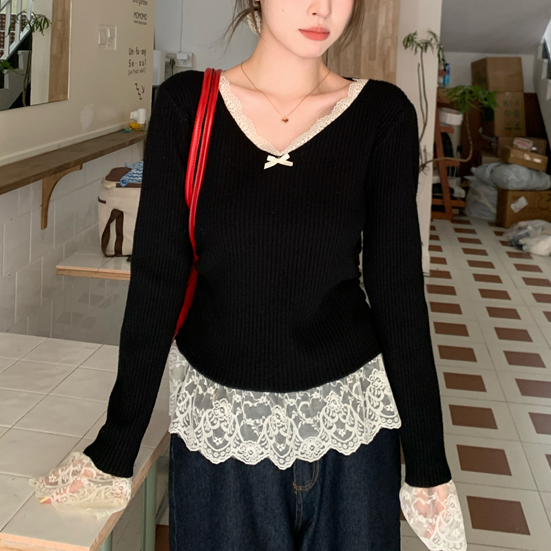 Lace splice elegant slim knitted bow tops for women