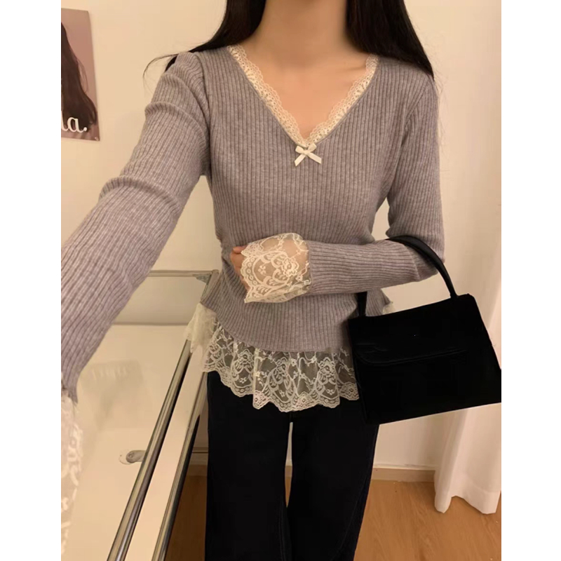 Lace splice elegant slim knitted bow tops for women