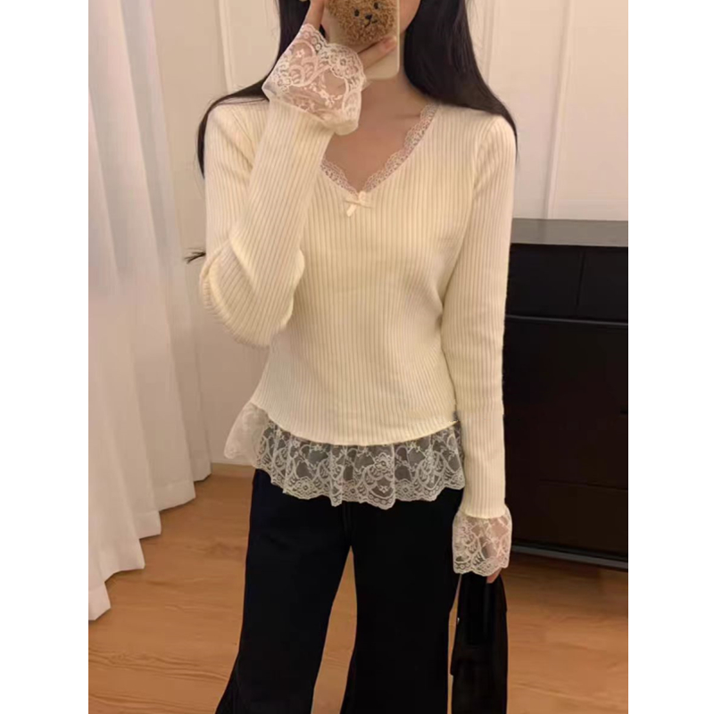 Lace splice elegant slim knitted bow tops for women