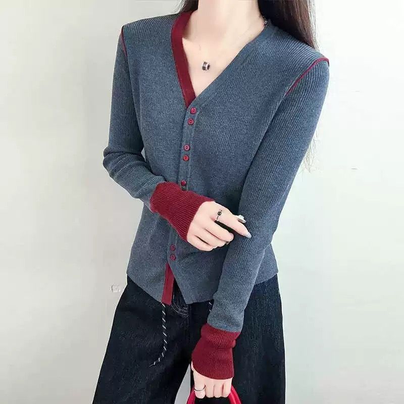 All-match loose sweater V-neck mixed colors tops for women