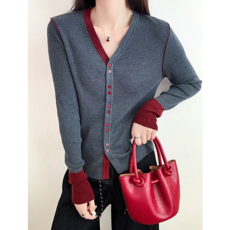 All-match loose sweater V-neck mixed colors tops for women