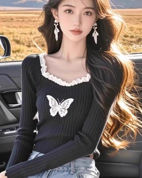 Bow chanelstyle sweater square collar bottoming shirt for women