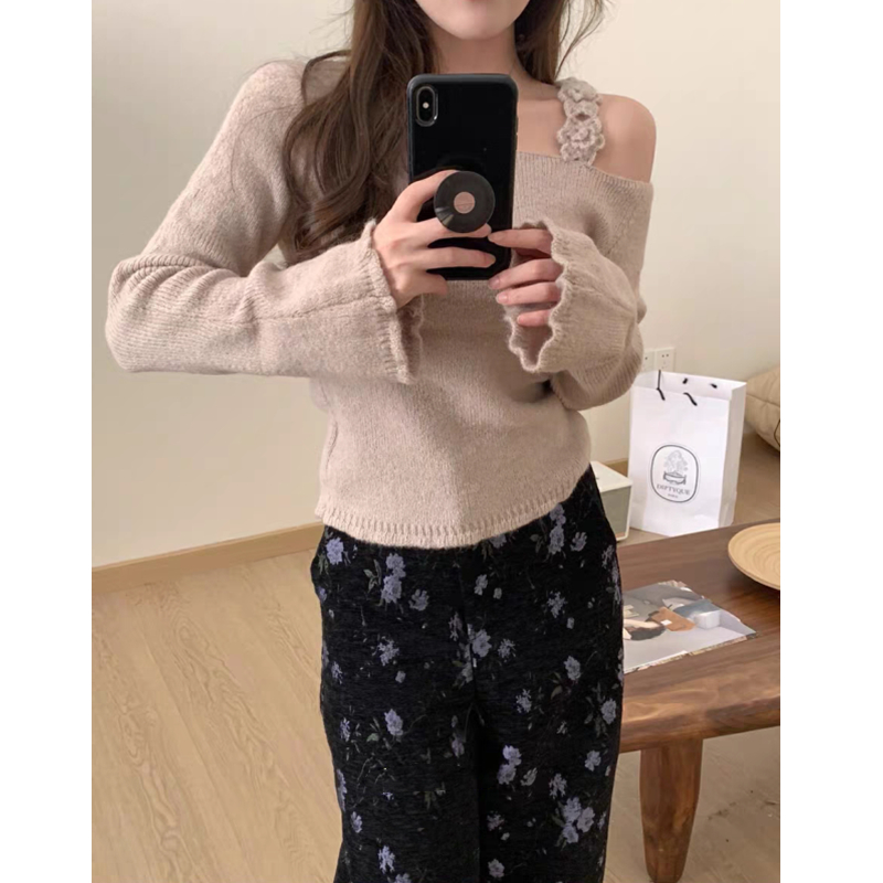 Retro strapless lazy slim crochet autumn sweater for women