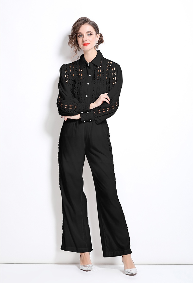 High waist fashion tops hollow slim long pants 2pcs set