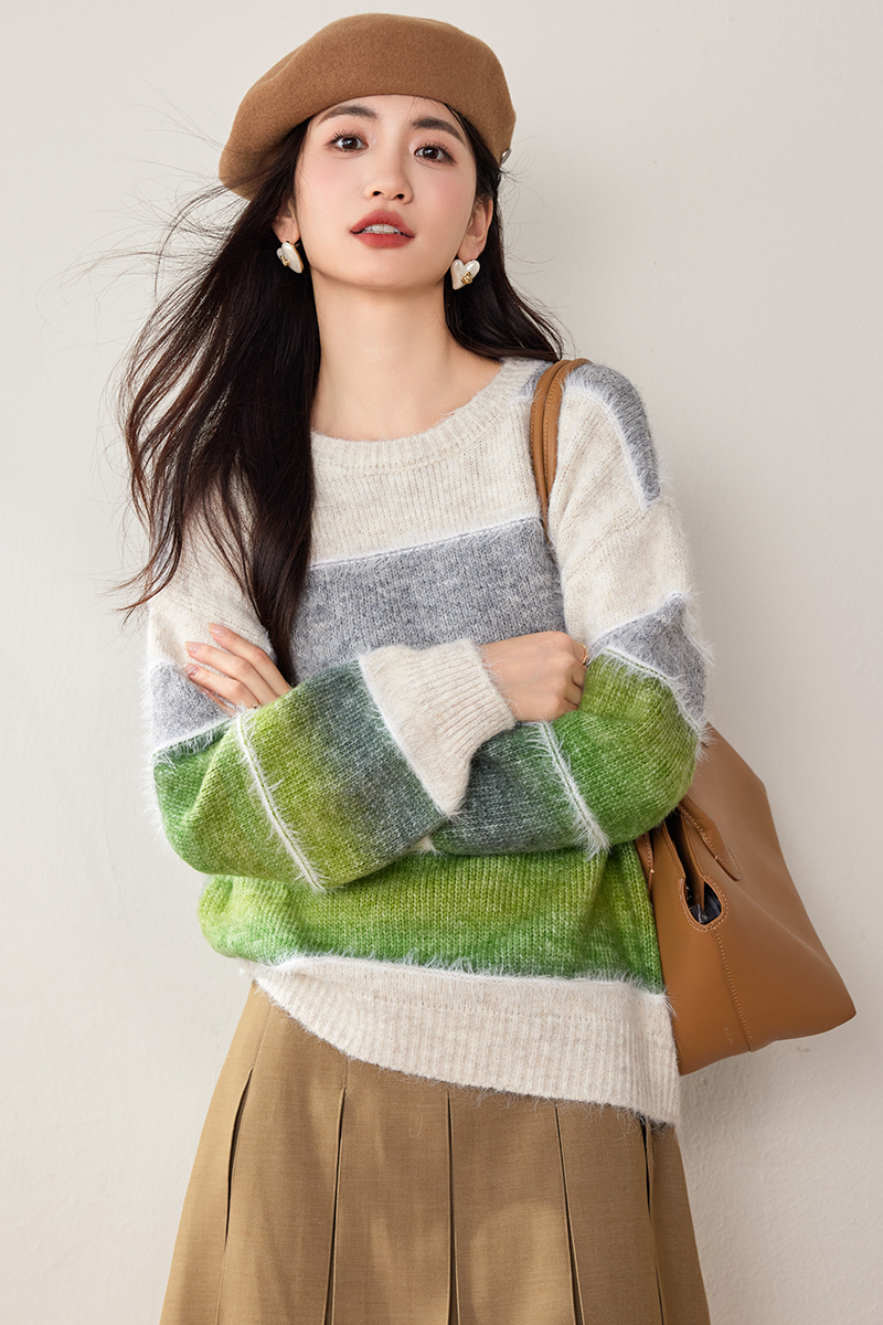 Mohair stripe tops rainbow sweater for women