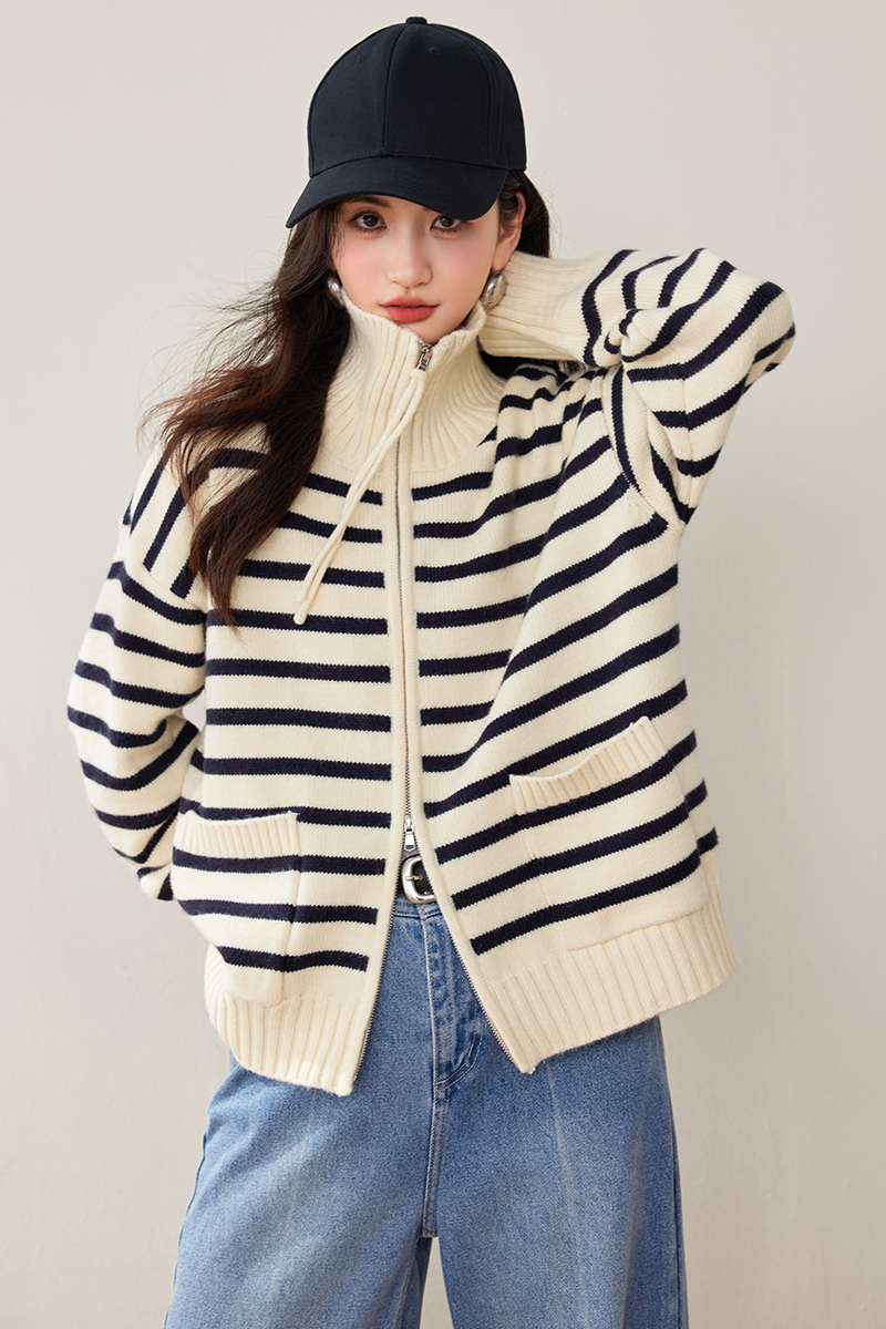 Cstand collar knitted stripe sweater double zip fashion coat