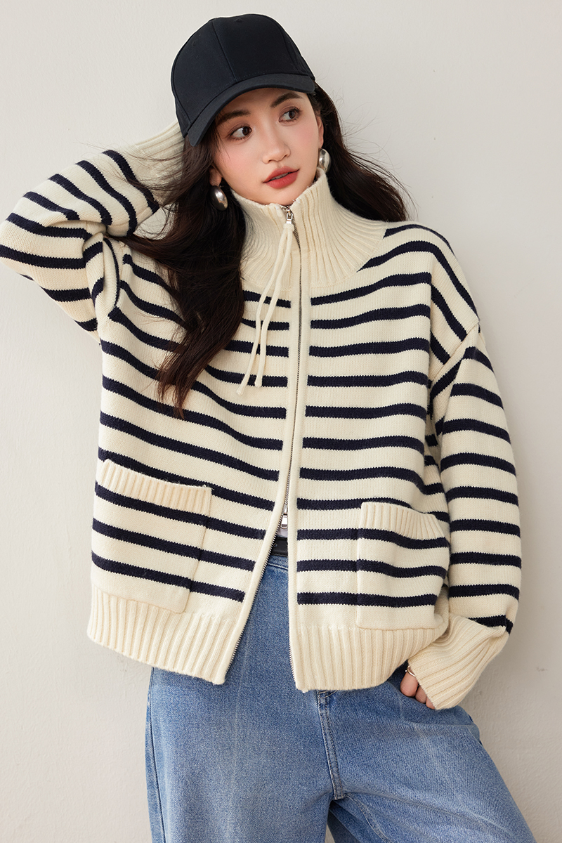 Cstand collar knitted stripe sweater double zip fashion coat