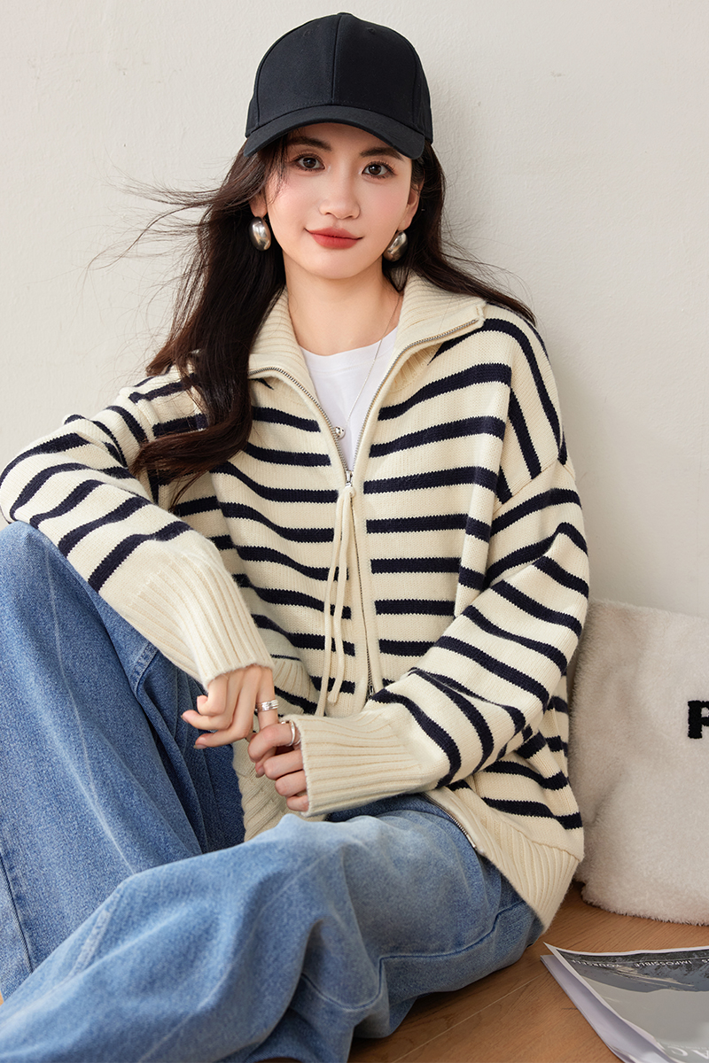 Cstand collar knitted stripe sweater double zip fashion coat