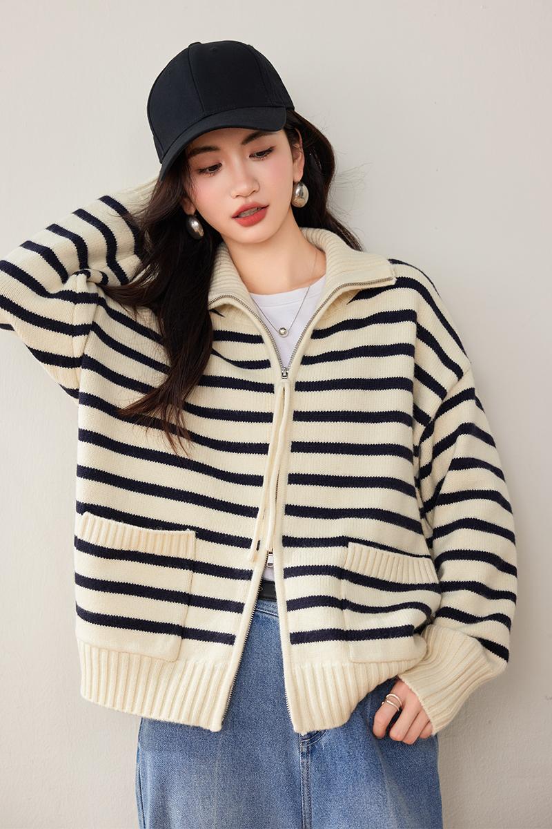 Cstand collar knitted stripe sweater double zip fashion coat