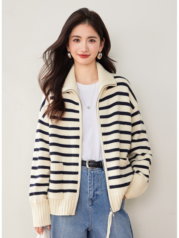 Cstand collar knitted stripe sweater double zip fashion coat