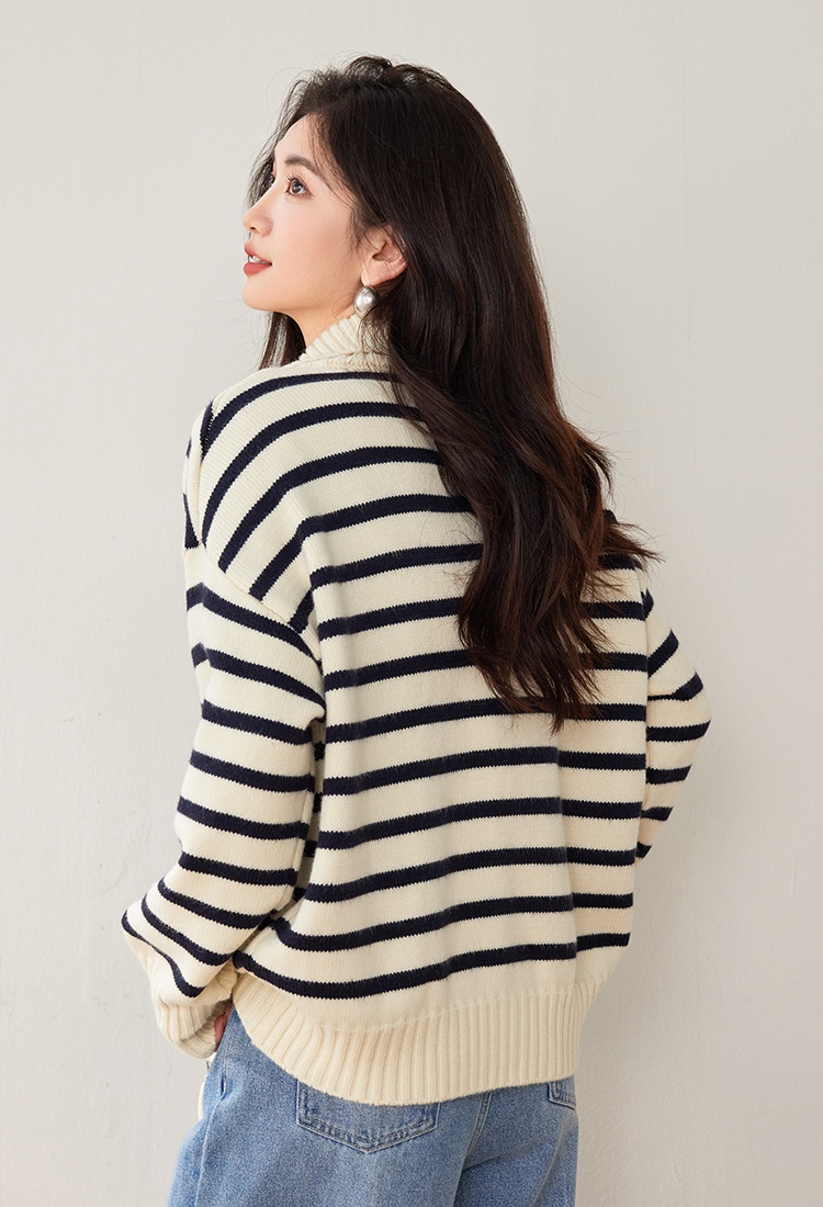 Cstand collar knitted stripe sweater double zip fashion coat