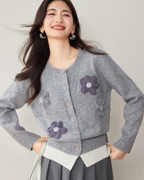 Gray autumn and winter sweater flowers cardigan for women