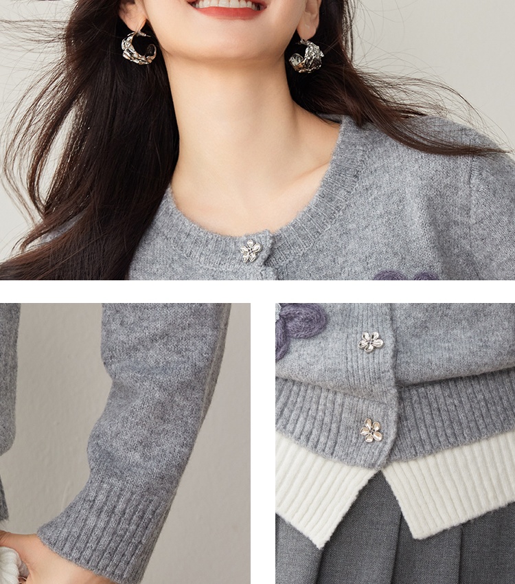 Gray autumn and winter sweater flowers cardigan for women