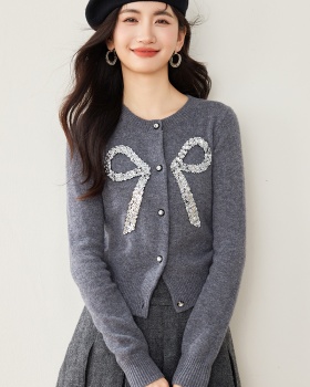 Sweet temperament gray tops chanelstyle knitted coat