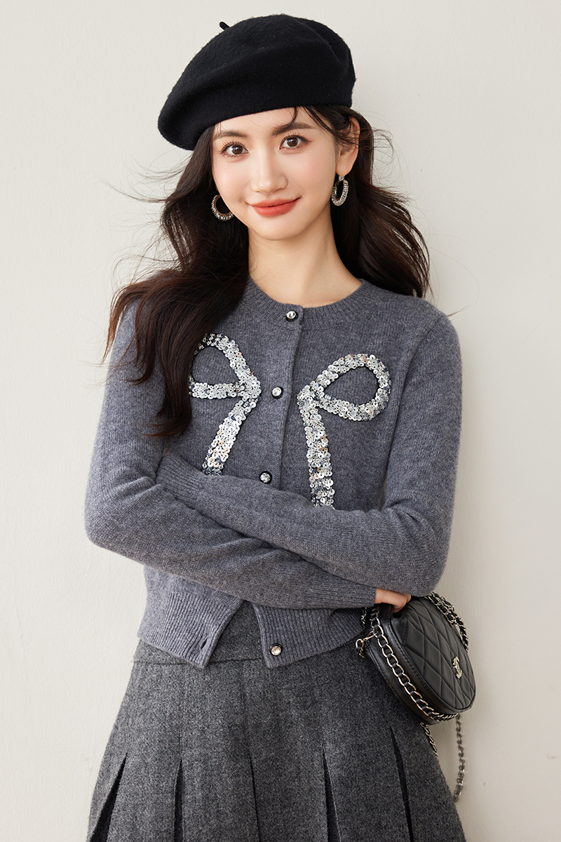 Sweet temperament gray tops chanelstyle knitted coat