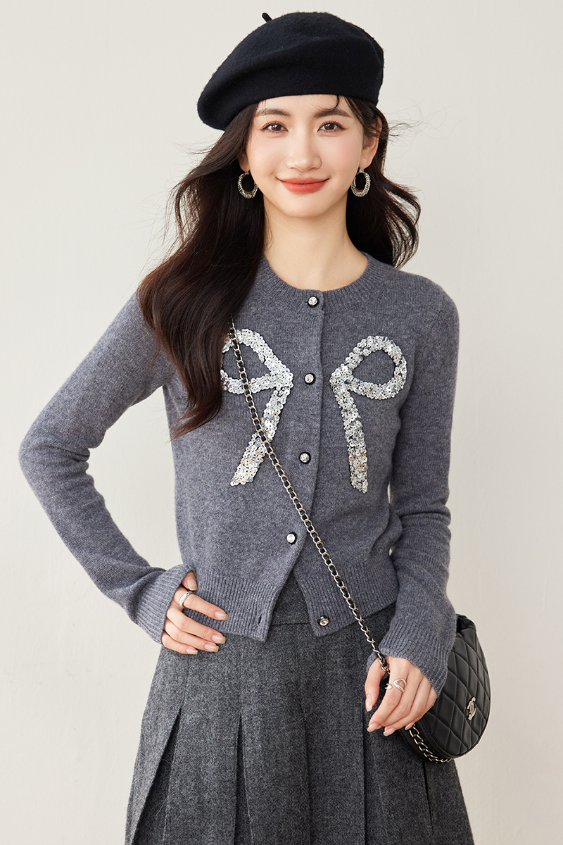 Sweet temperament gray tops chanelstyle knitted coat